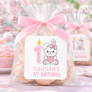 Cute Pink Bunny Candle Girls First Birthday Square Sticker