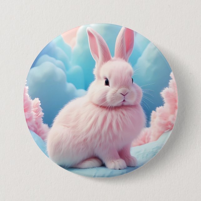 Cute Pink Bunny Cotton Candy Clouds Button (Front)