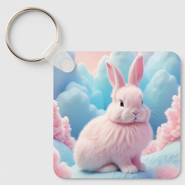 Cute Pink Bunny Cotton Candy Clouds Keychain (Front)