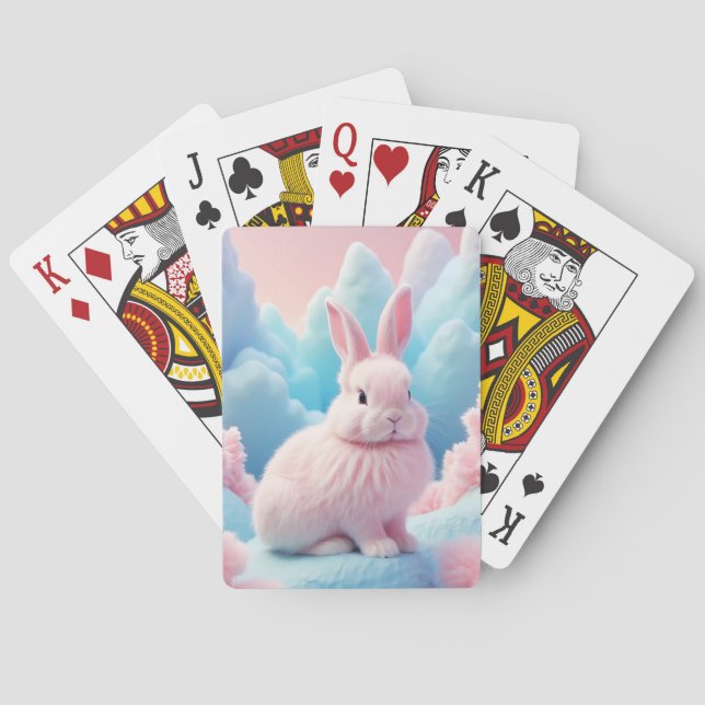 Cute Pink Bunny Cotton Candy Clouds Poker Cards (Back)