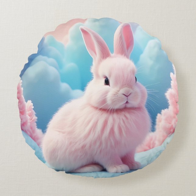 Cute Pink Bunny Cotton Candy Clouds Round Pillow (Front)