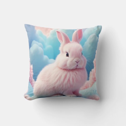 Cute Pink Bunny Cotton Candy Clouds Throw Pillow