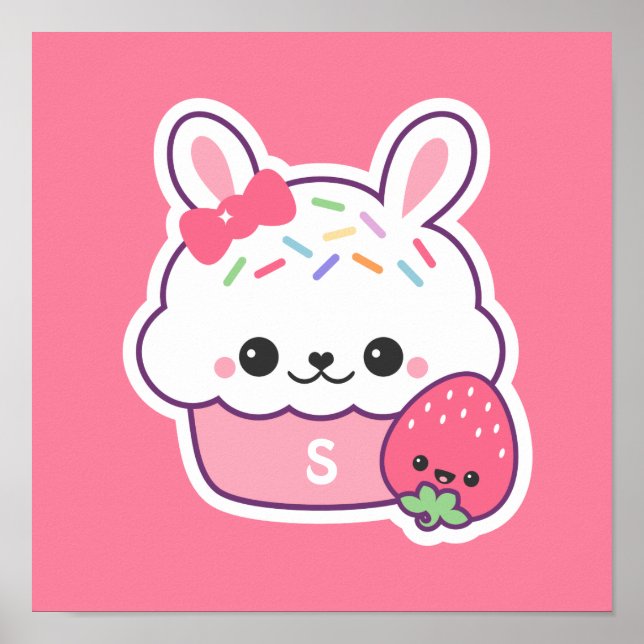 Cute Pink Bunny Cupcake Monogram Poster (Front)