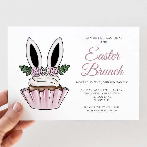 Cute Pink Bunny Ears Easter Brunch Invitation