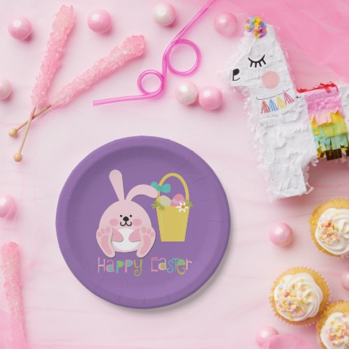 Cute Pink Bunny Easter Basket Party Paper Plates