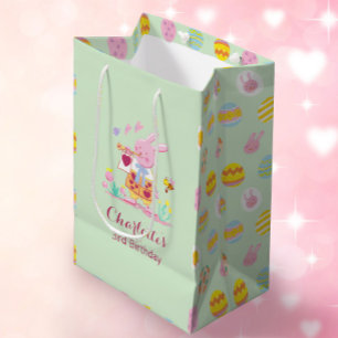 Cute Pink Bunny Egg Pattern Kids Birthday Green Medium Gift Bag
