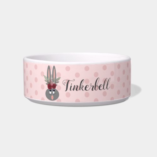 Cute Pink Bunny Floral Personalized Dog Bowl