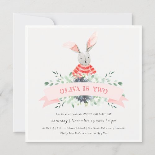 Cute Pink Bunny Foliage Any Age Birthday Invite