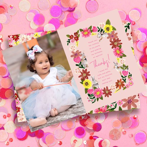 Cute Pink Bunny Girl Birthday Party Thank You Card