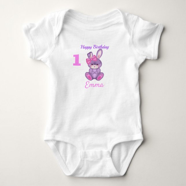 Cute Pink Bunny Girls Birthday Name & Age Baby Bodysuit (Front)