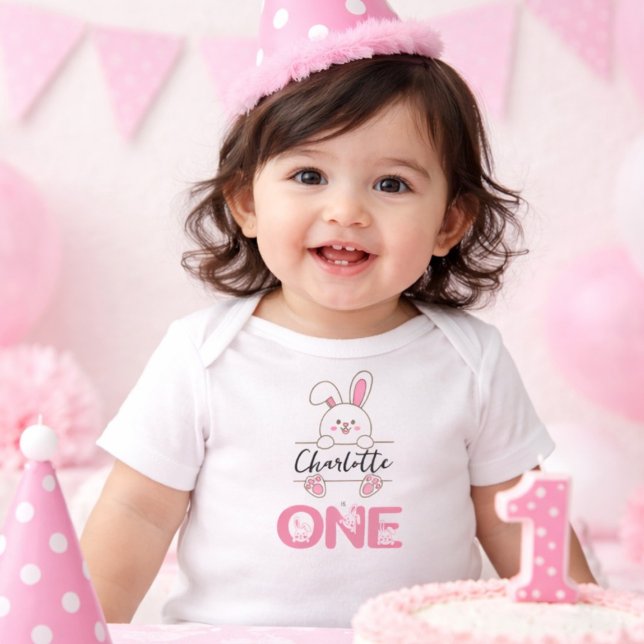 Cute Pink Bunny Girl's First Birthday  Baby Bodysuit (Creator Uploaded)