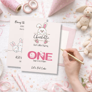 Cute Pink Bunny Girl's First Birthday Invitation