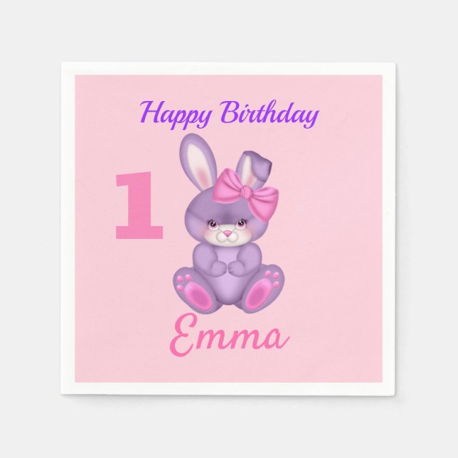 Cute Pink Bunny Girls Personalize Birthday Pink Napkins (Front)