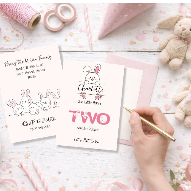 Cute Pink Bunny Girl's Second Birthday  Invitation (Creator Uploaded)