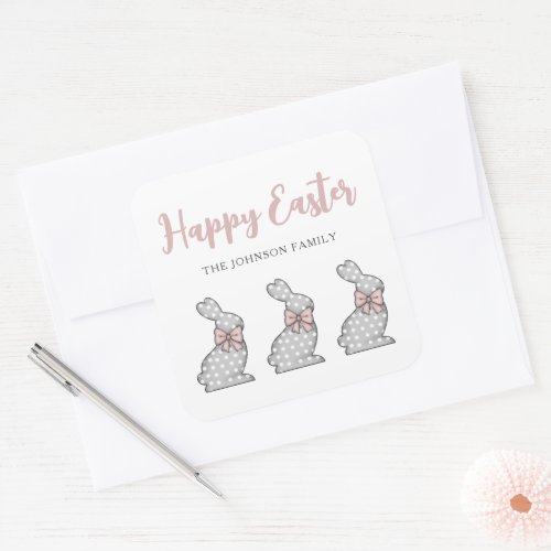 Cute Pink Bunny Happy Easter  Square Sticker