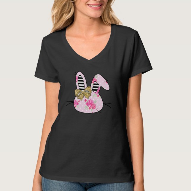 Cute Pink Bunny Head Rabbit Bow Tie Easter Day Gir T-Shirt (Front)