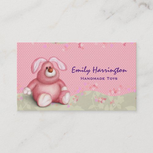 Cute Pink Bunny Image with Hearts and Foliage Business Card