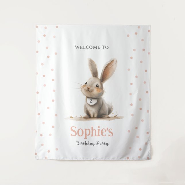 Cute Pink Bunny Kid's Birthday Party Tapestry (Front)
