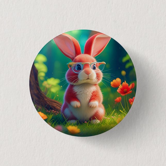 Cute Pink Bunny on Green Grass Button (Front)