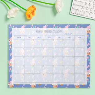 Cute Pink Bunny Pattern Blue Monthly Planner Notepad