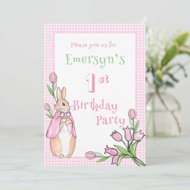 Cute Pink Bunny Rabbit 1st First Birthday Party  Invitation (Standing Front)