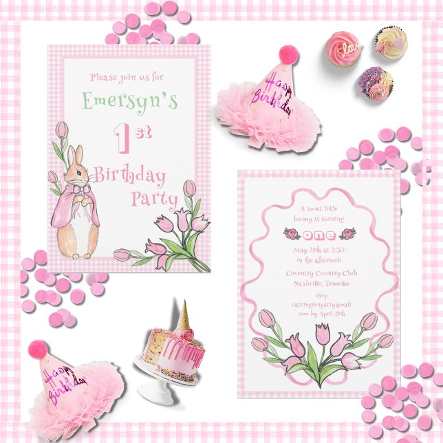 Cute Pink Bunny Rabbit 1st First Birthday Party  Invitation (Creator Uploaded)