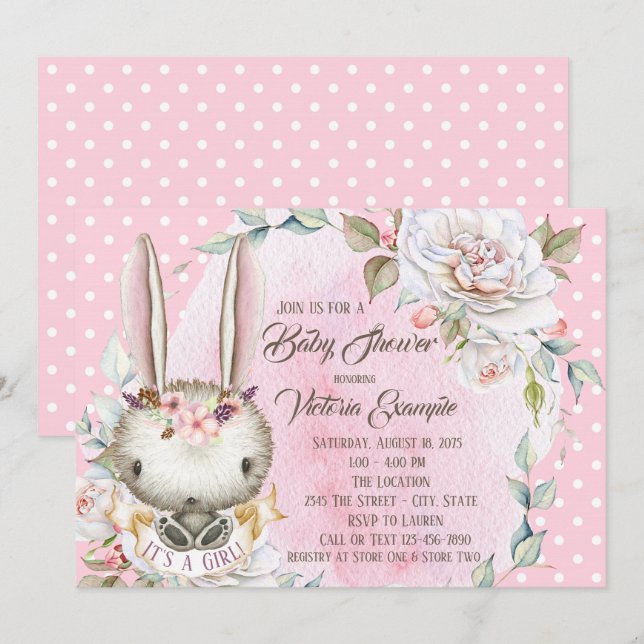 Cute Pink Bunny Rabbit Baby Shower Invitations (Front/Back)