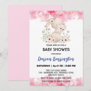 Cute pink bunny rabbit flowers baby girl shower invitation