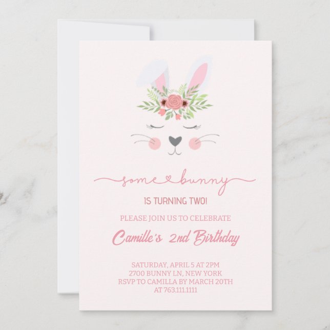 Cute pink bunny rabbit girl birthday invitation (Front)