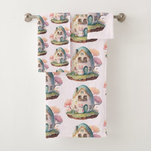 Cute Pink Bunny Rabbit Kawaii Style Pattern Bath Towel Set