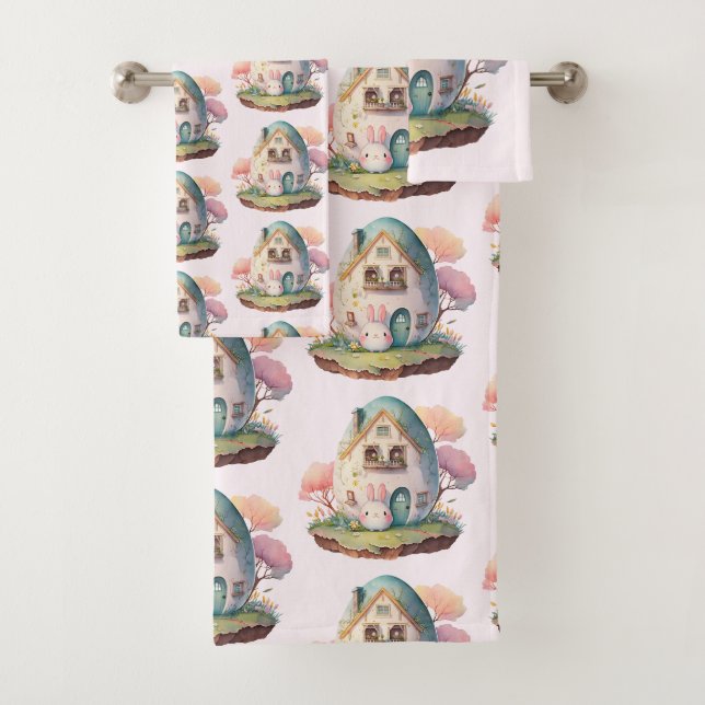 Cute Pink Bunny Rabbit Kawaii Style Pattern Bath Towel Set (Insitu)