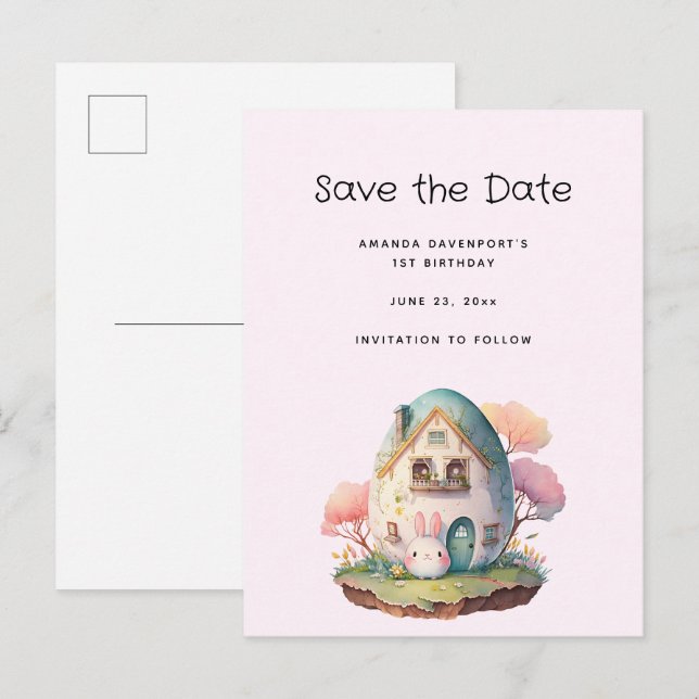 Cute Pink Bunny Rabbit Kawaii Style Save the Date Invitation Postcard (Front/Back)