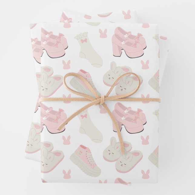 Cute Pink Bunny Shoes Pattern Wrapping Paper Sheets (In situ)