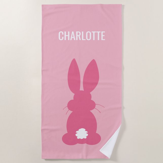 Cute Pink Bunny Silhouette Girls Personalized Beach Towel (Front)