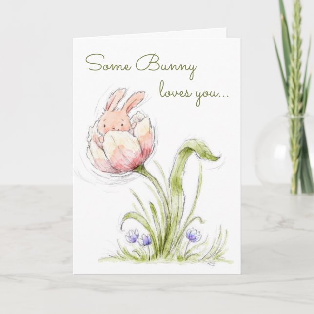 Cute Pink Bunny, Some Bunny Loves You Card (Front)