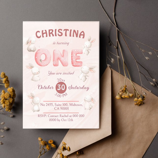 Cute pink Bunny-Themed modern pastel 1st birthday  Invitation (Creator Uploaded)