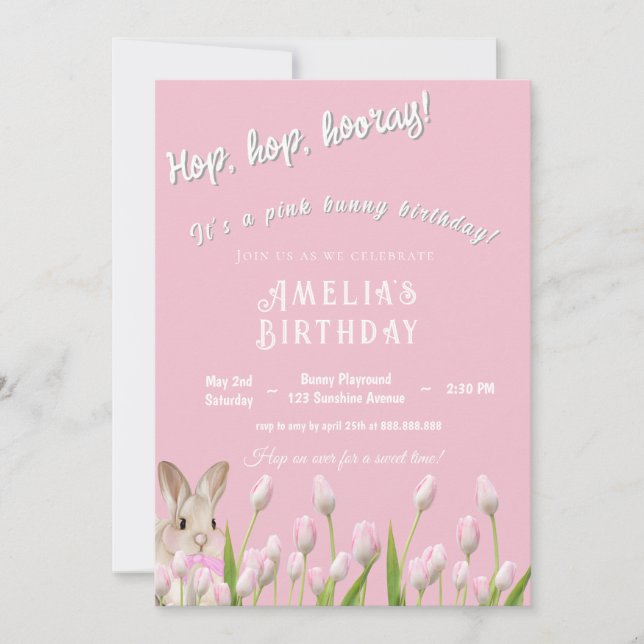 Cute Pink Bunny & Tulips Birthday Invitation  (Front)