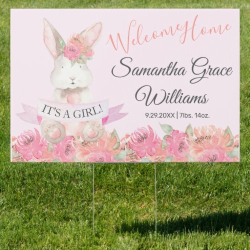 Cute Pink Bunny Welcome Home Baby Girl Lawn Yard Sign