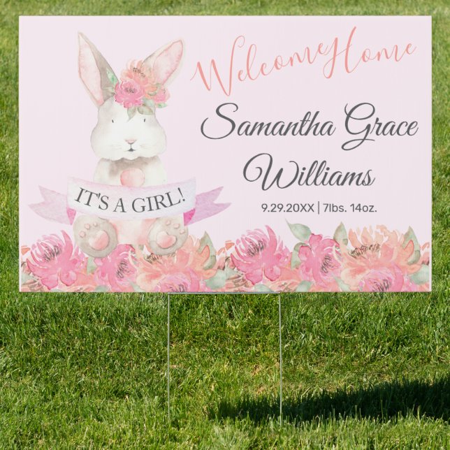 Cute Pink Bunny Welcome Home Baby Girl Lawn Yard Sign (Insitu)
