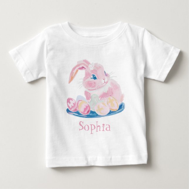 Cute Pink Bunny With Easter Eggs Daughter Girls Baby T-Shirt (Front)