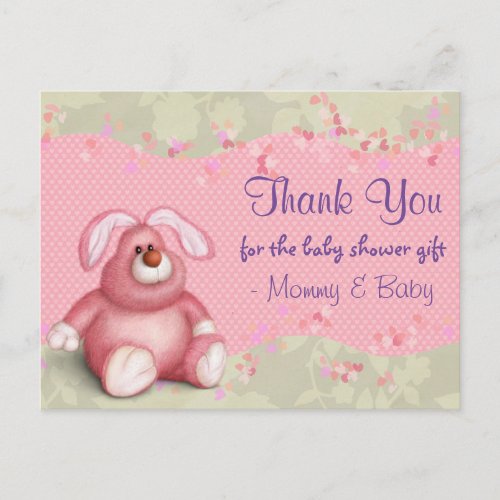 Cute Pink Bunny with Hearts Baby Shower Thank You Postcard