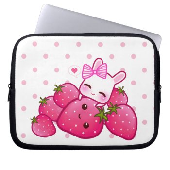 Cute Pink Bunny With Kawaii Strawberries Laptop Sleeve by Chibibunny at Zazzle