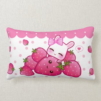 Cute Pink Bunny With Kawaii Strawberries Lumbar Pillow by Chibibunny at Zazzle