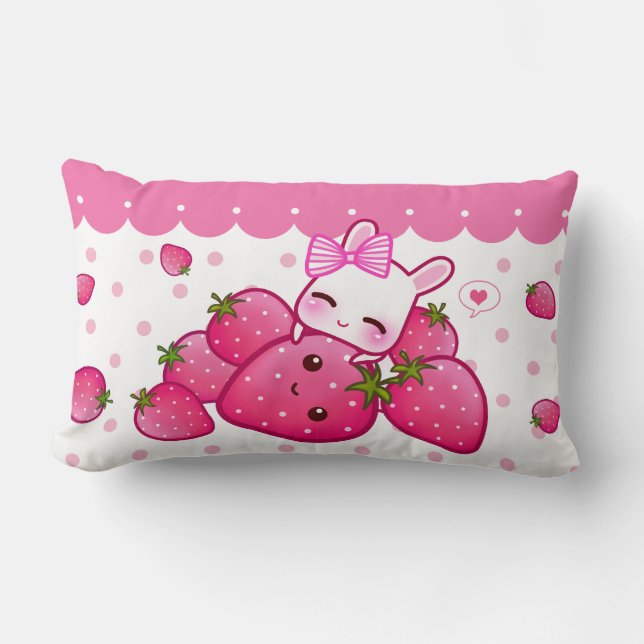Cute pink bunny with kawaii strawberries lumbar pillow (Front)