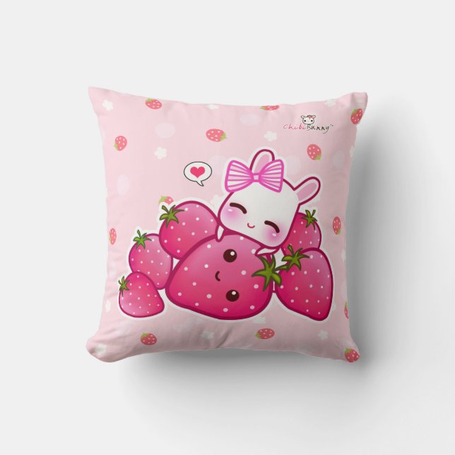 Cute pink bunny with kawaii strawberries throw pillow (Front)