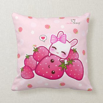 Cute Pink Bunny With Kawaii Strawberries Throw Pillow by Chibibunny at Zazzle