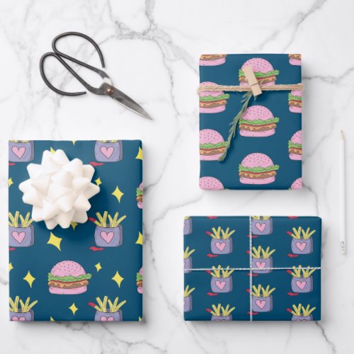 Cute Pink Burger and Fries Pattern Wrapping Paper 