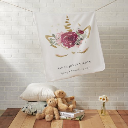 Cute Pink Burgundy Faux Gold Floral Unicorn Kids Baby Blanket