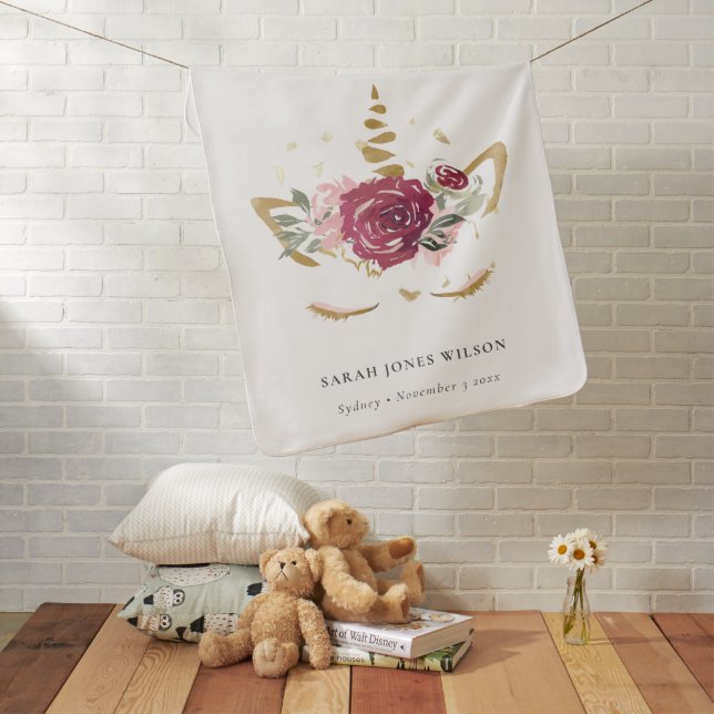 Cute Pink Burgundy Faux Gold Floral Unicorn Kids Baby Blanket (In Situ)