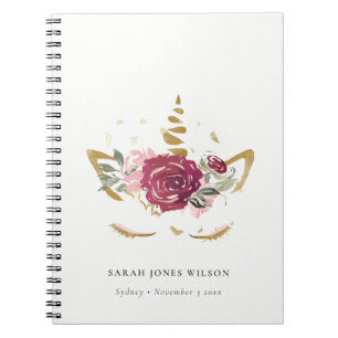 Cute Pink Burgundy Faux Gold Floral Unicorn Kids Notebook